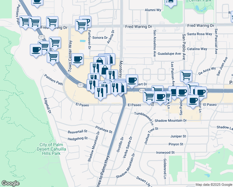 map of restaurants, bars, coffee shops, grocery stores, and more near 72920 California 111 in Palm Desert