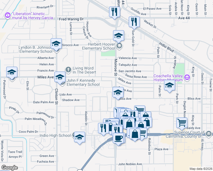 map of restaurants, bars, coffee shops, grocery stores, and more near 81931 Paseo Real Avenue in Indio