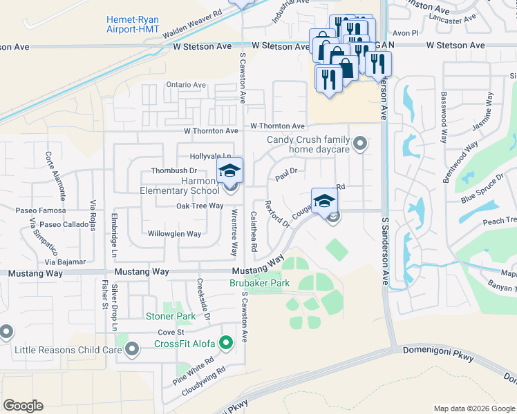 map of restaurants, bars, coffee shops, grocery stores, and more near 1551 Calathea Road in Hemet