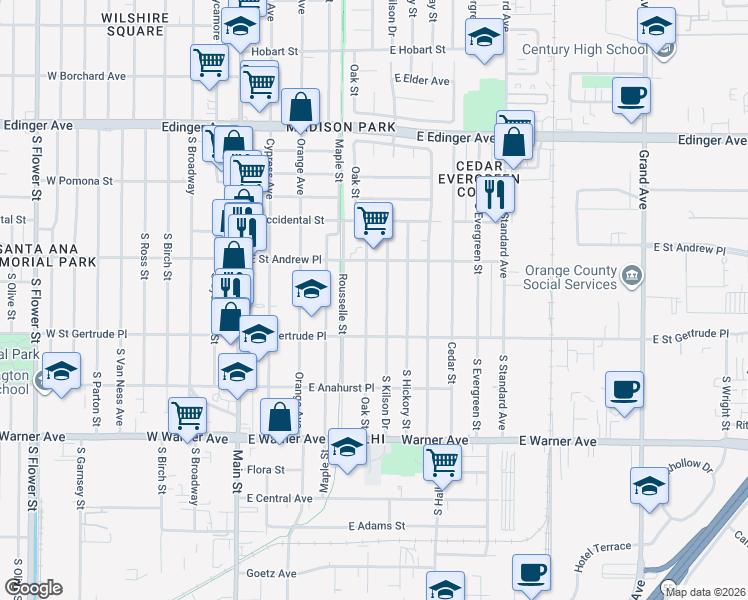 map of restaurants, bars, coffee shops, grocery stores, and more near 2022 Oak Street in Santa Ana