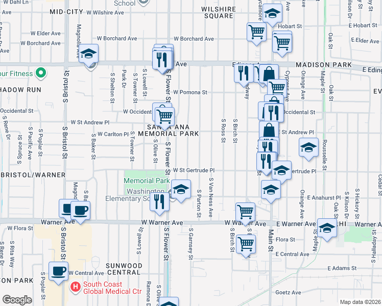 map of restaurants, bars, coffee shops, grocery stores, and more near 2029 South Garnsey Street in Santa Ana