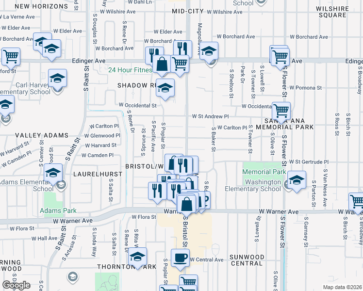 map of restaurants, bars, coffee shops, grocery stores, and more near 1242 West Glenwood Place in Santa Ana
