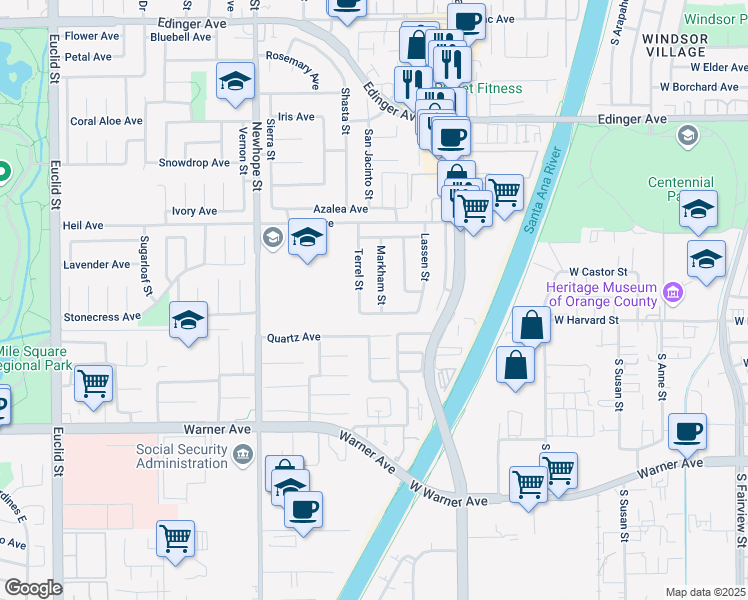 map of restaurants, bars, coffee shops, grocery stores, and more near 16654 Terrel Street in Fountain Valley