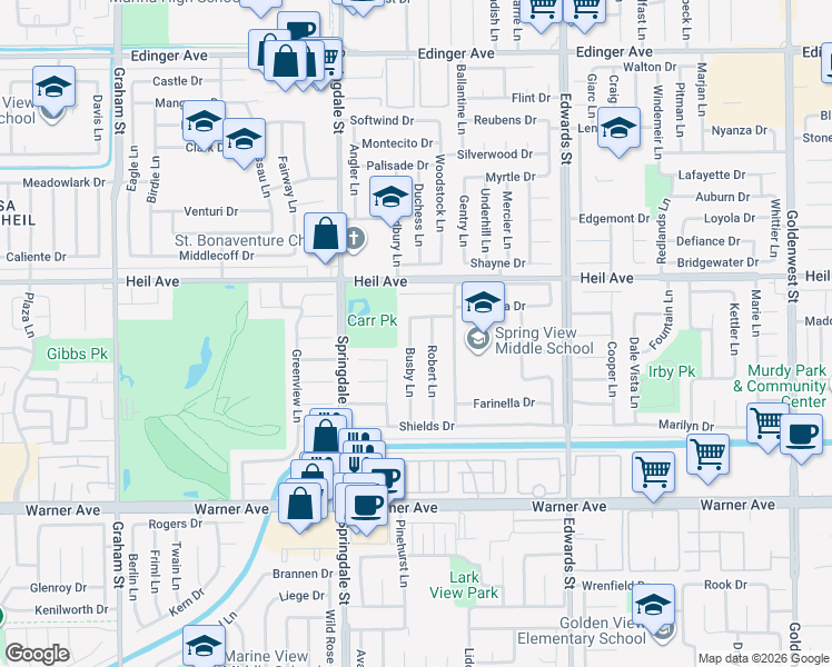 map of restaurants, bars, coffee shops, grocery stores, and more near 16571 Busby Lane in Huntington Beach