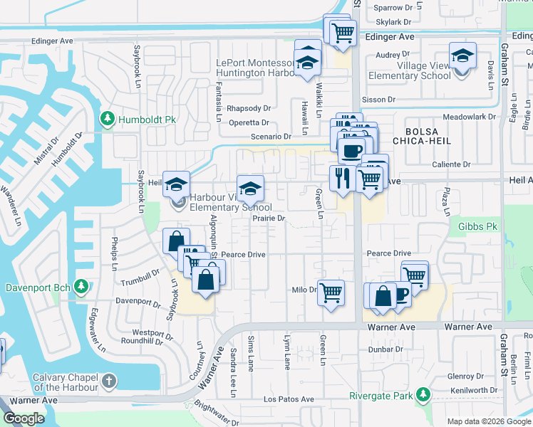 map of restaurants, bars, coffee shops, grocery stores, and more near 4694 Oceano Circle in Huntington Beach
