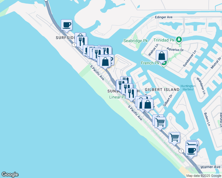map of restaurants, bars, coffee shops, grocery stores, and more near 16561 California 1 in Huntington Beach