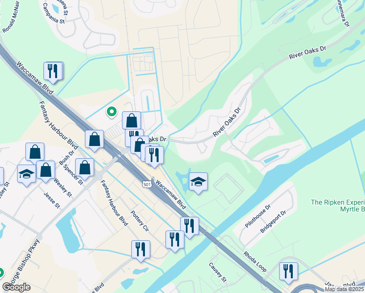 map of restaurants, bars, coffee shops, grocery stores, and more near 485 White River Drive in Myrtle Beach