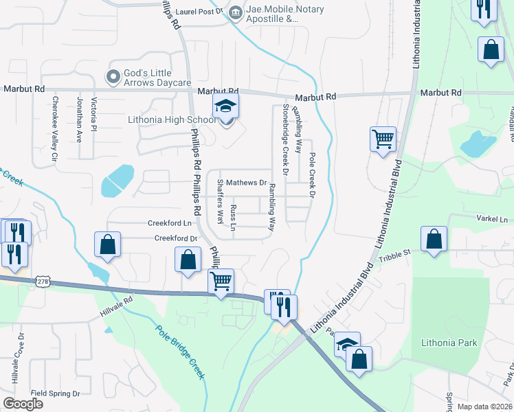 map of restaurants, bars, coffee shops, grocery stores, and more near 2815 Abbot Lane in Lithonia