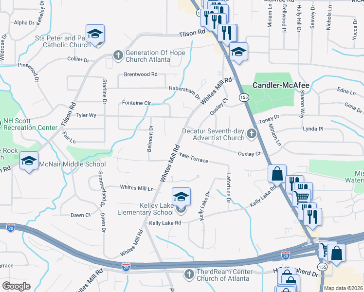 map of restaurants, bars, coffee shops, grocery stores, and more near 2246 Whites Mill Road in Decatur