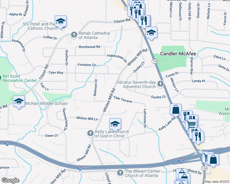 map of restaurants, bars, coffee shops, grocery stores, and more near 2246 Whites Mill Road in Decatur