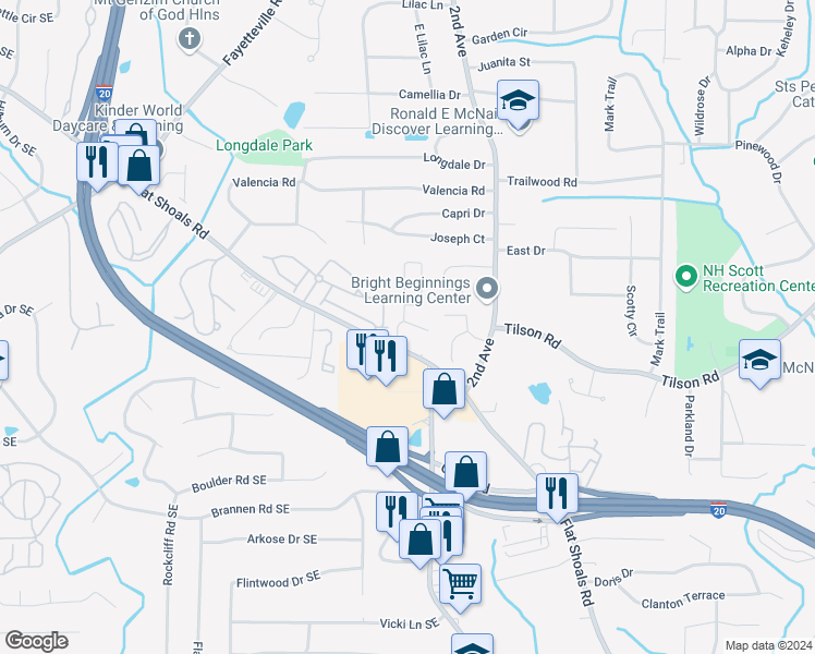 map of restaurants, bars, coffee shops, grocery stores, and more near 2270 Leicester Way Southeast in Atlanta