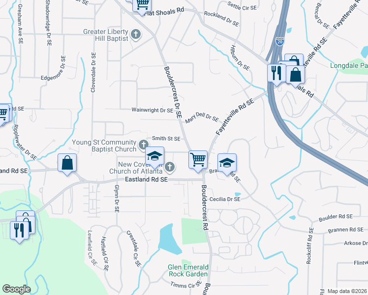 map of restaurants, bars, coffee shops, grocery stores, and more near 1213 Bouldercrest Drive Southeast in Atlanta