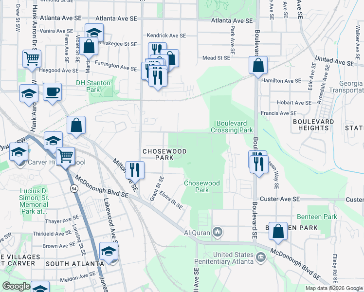 map of restaurants, bars, coffee shops, grocery stores, and more near 400 Climax Street Southeast in Atlanta