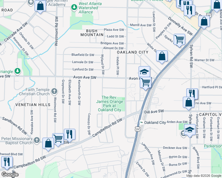 map of restaurants, bars, coffee shops, grocery stores, and more near 1251 Oakland Terrace Southwest in Atlanta