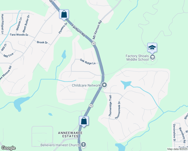 map of restaurants, bars, coffee shops, grocery stores, and more near Mountain Brook Court in Douglasville