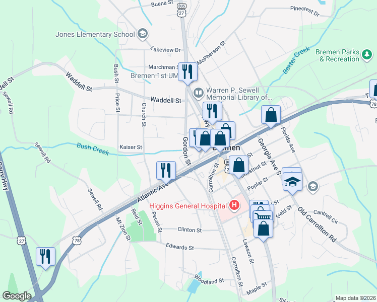 map of restaurants, bars, coffee shops, grocery stores, and more near 107 Jackson Street in Bremen