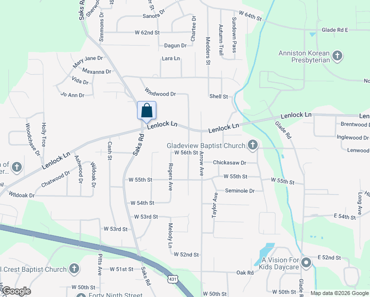 map of restaurants, bars, coffee shops, grocery stores, and more near 5627 Rogers Avenue in Anniston