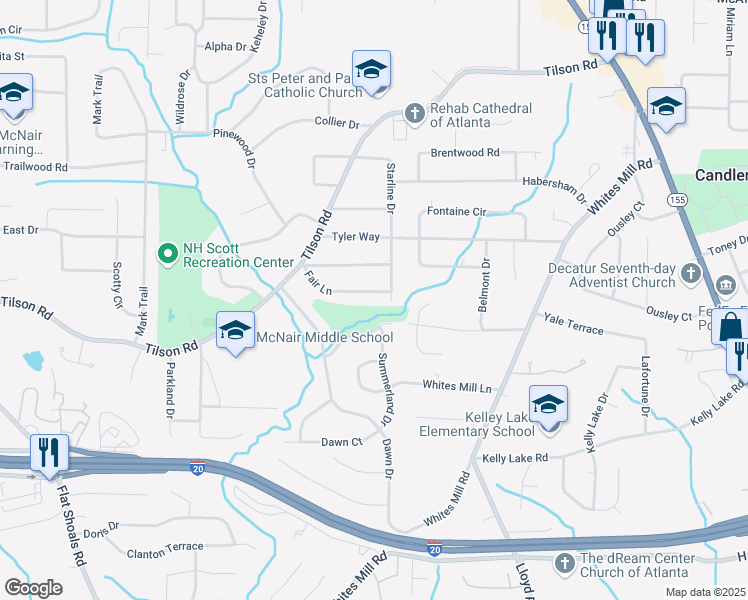 map of restaurants, bars, coffee shops, grocery stores, and more near 2411 Fair Lane in Decatur