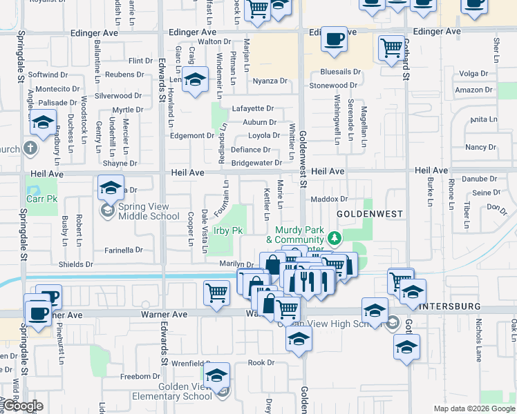 map of restaurants, bars, coffee shops, grocery stores, and more near 16622 Simonne Lane in Huntington Beach