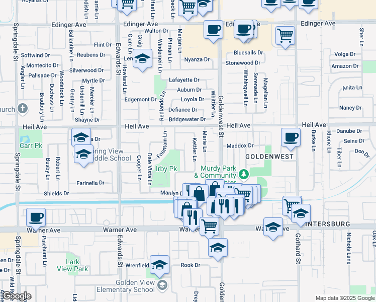 map of restaurants, bars, coffee shops, grocery stores, and more near in Huntington Beach