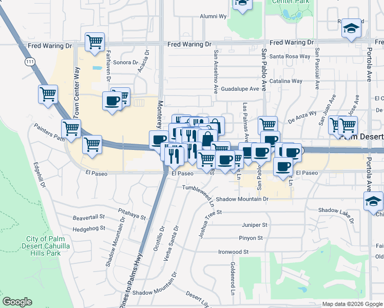 map of restaurants, bars, coffee shops, grocery stores, and more near 73180 California 111 in Palm Desert