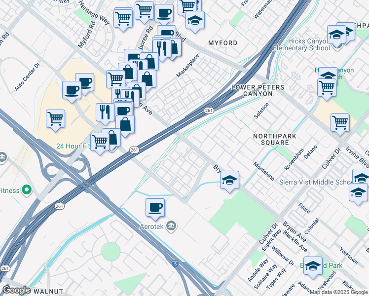 map of restaurants, bars, coffee shops, grocery stores, and more near 100 Wycliffe in Irvine