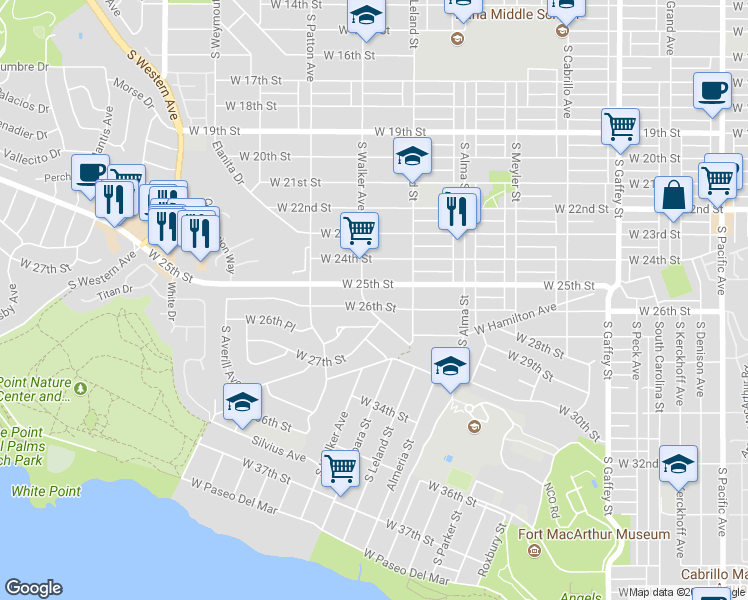 map of restaurants, bars, coffee shops, grocery stores, and more near 1156 West 26th Street in Los Angeles