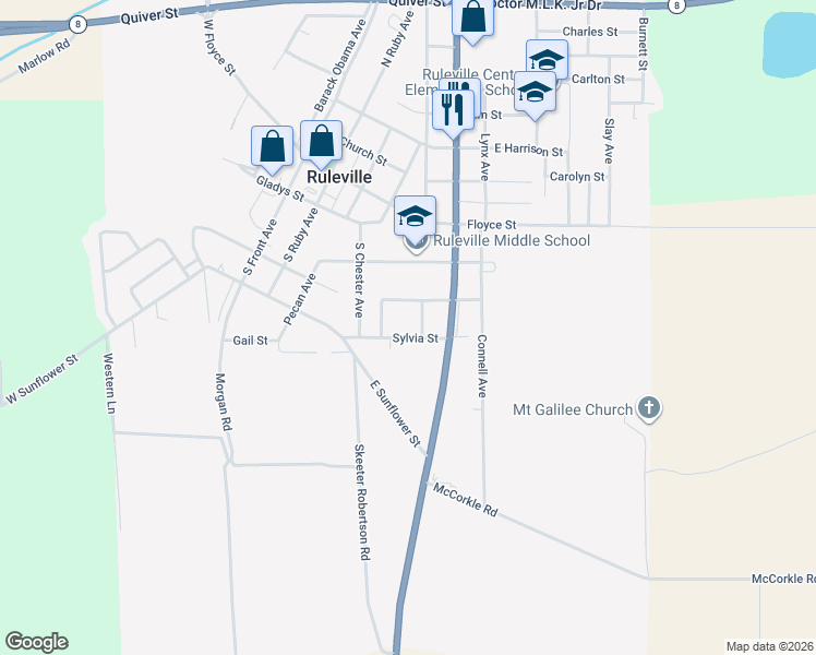 map of restaurants, bars, coffee shops, grocery stores, and more near 301-399 Don Street in Ruleville
