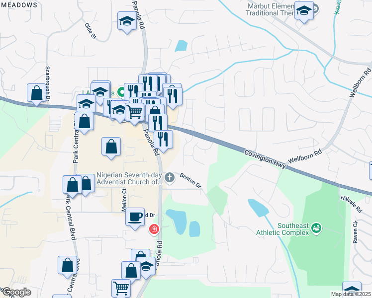 map of restaurants, bars, coffee shops, grocery stores, and more near 2214 Triple Crown Lane in Lithonia