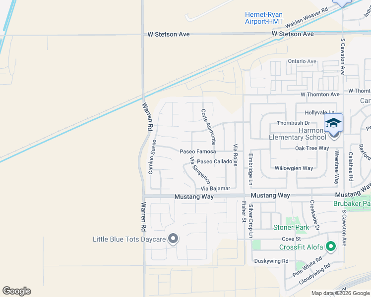map of restaurants, bars, coffee shops, grocery stores, and more near 5444 Paseo Famosa in Hemet