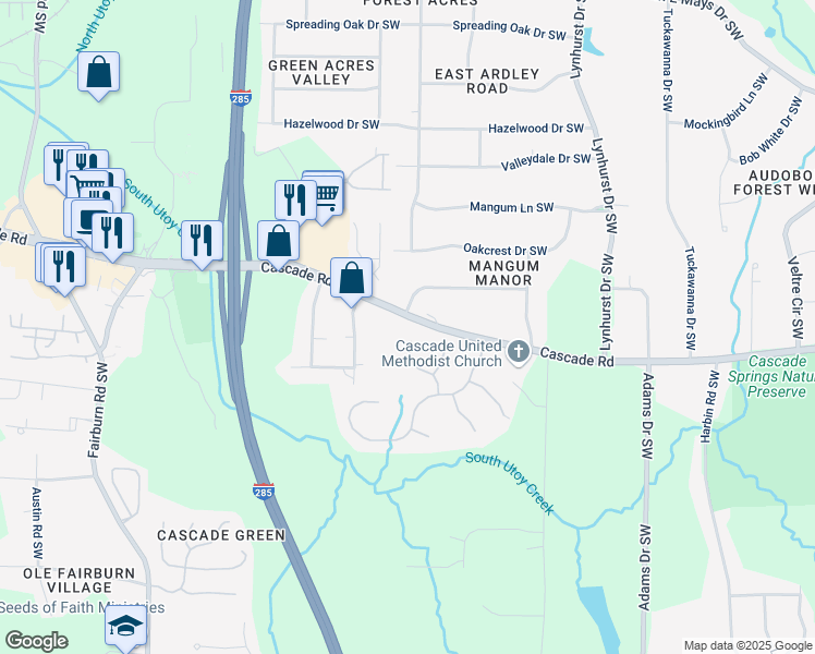 map of restaurants, bars, coffee shops, grocery stores, and more near 1303 Angel Falls Lane Southwest in Atlanta