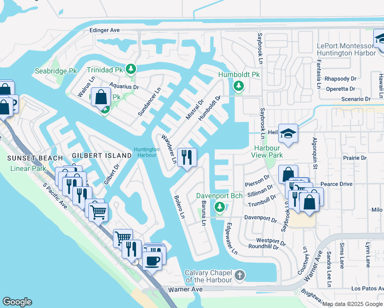 map of restaurants, bars, coffee shops, grocery stores, and more near 16602 Ensign Circle in Huntington Beach