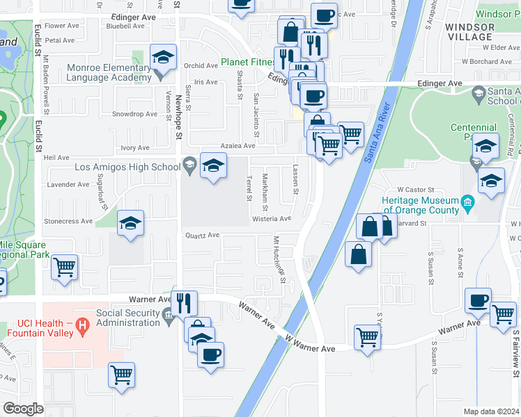 map of restaurants, bars, coffee shops, grocery stores, and more near 16689 Markham Street in Fountain Valley
