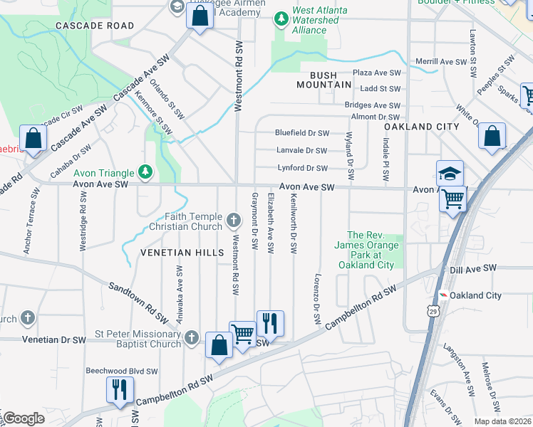 map of restaurants, bars, coffee shops, grocery stores, and more near 1240 Graymont Drive Southwest in Atlanta
