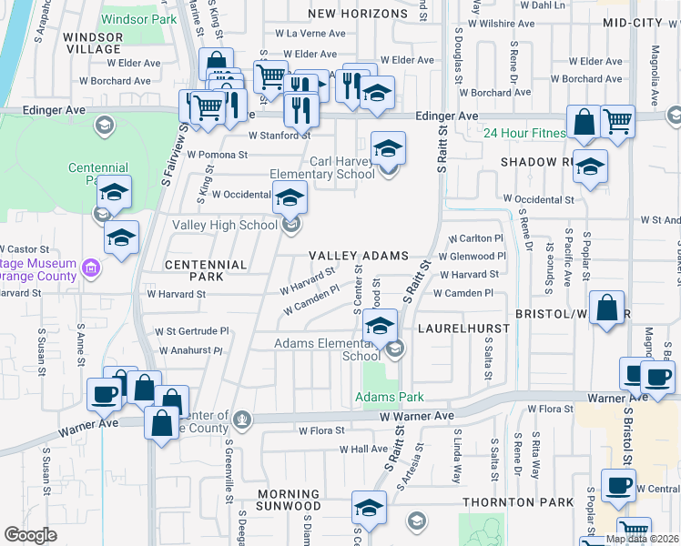 map of restaurants, bars, coffee shops, grocery stores, and more near 1914 South Center Street in Santa Ana