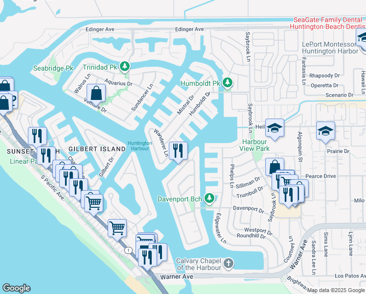 map of restaurants, bars, coffee shops, grocery stores, and more near 16602 Ensign Circle in Huntington Beach