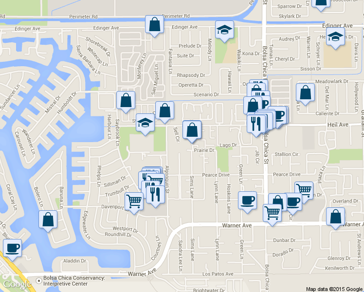 map of restaurants, bars, coffee shops, grocery stores, and more near in HUNTINGTN BCH