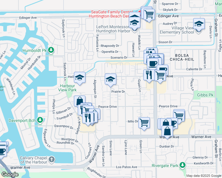 map of restaurants, bars, coffee shops, grocery stores, and more near in Huntington Beach