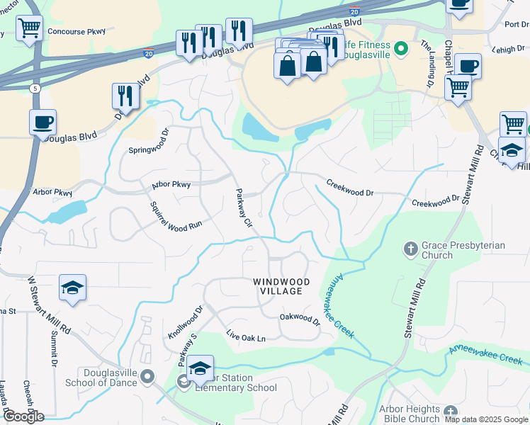 map of restaurants, bars, coffee shops, grocery stores, and more near 8609 Dogwood Court in Douglasville