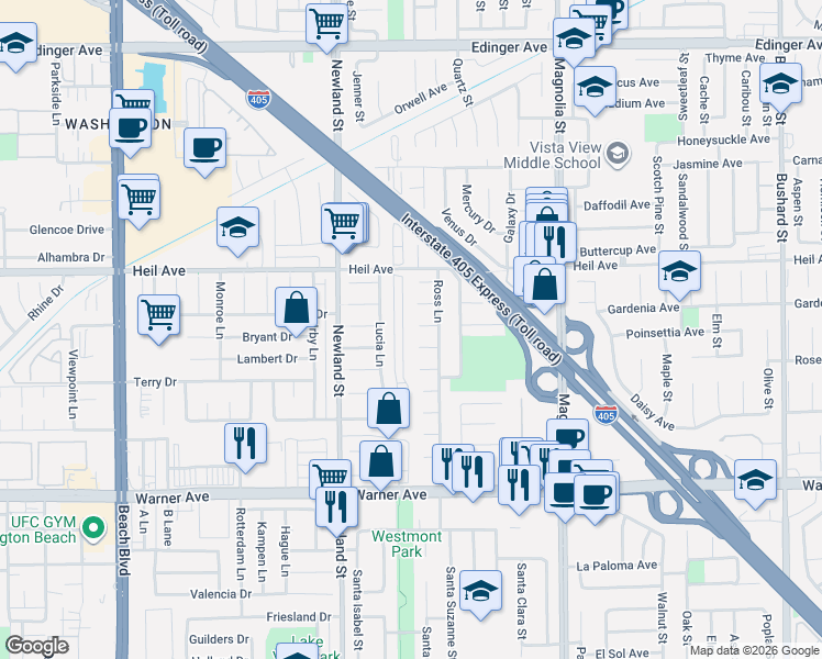 map of restaurants, bars, coffee shops, grocery stores, and more near 8652 Royer Circle in Huntington Beach