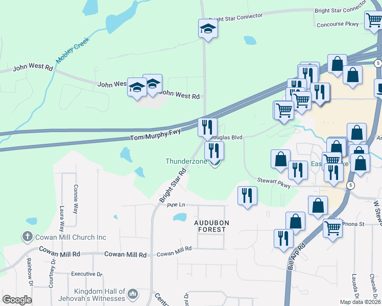 map of restaurants, bars, coffee shops, grocery stores, and more near 3095 Bright Star Road in Douglasville