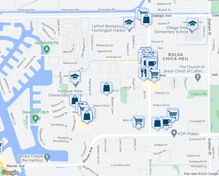 map of restaurants, bars, coffee shops, grocery stores, and more near 16582 Nube Lane in Huntington Beach