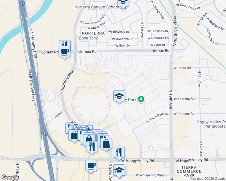 map of restaurants, bars, coffee shops, grocery stores, and more near 1 N Norterra Pkwy in Phoenix