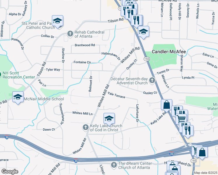map of restaurants, bars, coffee shops, grocery stores, and more near 2246 Whites Mill Road in Decatur