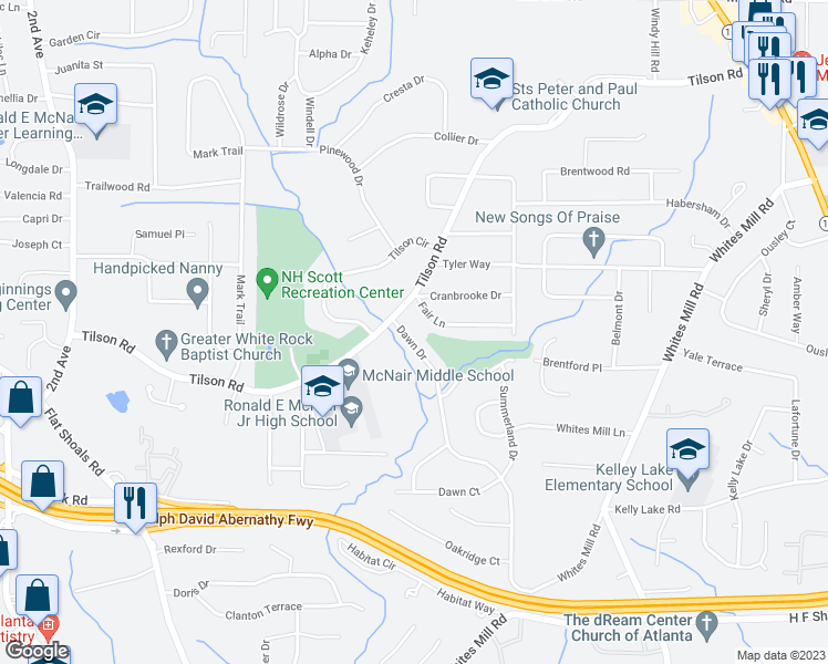 map of restaurants, bars, coffee shops, grocery stores, and more near 2340 Dawn Drive in Decatur