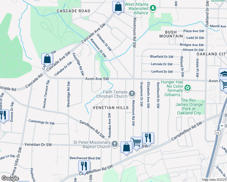 map of restaurants, bars, coffee shops, grocery stores, and more near 1251 Wichita Drive Southwest in Atlanta