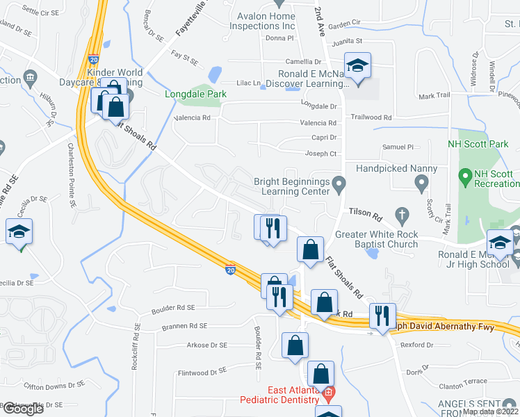 map of restaurants, bars, coffee shops, grocery stores, and more near 1893 South Hampton Lane Southeast in Atlanta
