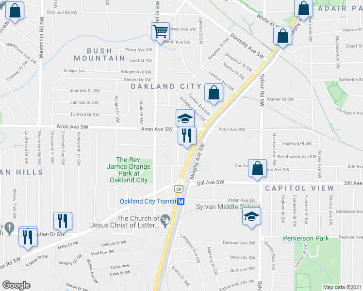 map of restaurants, bars, coffee shops, grocery stores, and more near 1240 Princess Avenue Southwest in Atlanta
