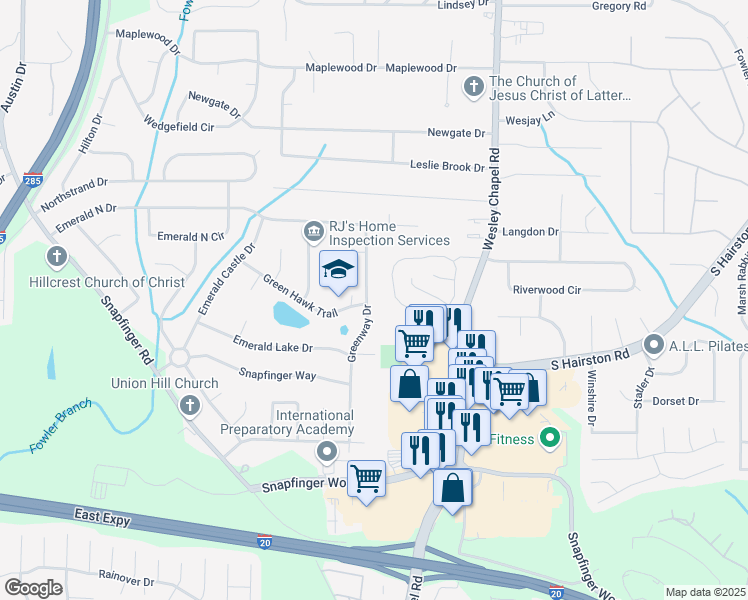 map of restaurants, bars, coffee shops, grocery stores, and more near 2300 Greenway Drive in Decatur