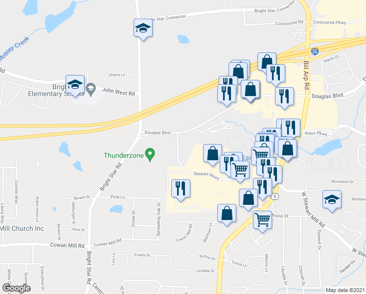 map of restaurants, bars, coffee shops, grocery stores, and more near 6100 Stewart Parkway in Douglasville